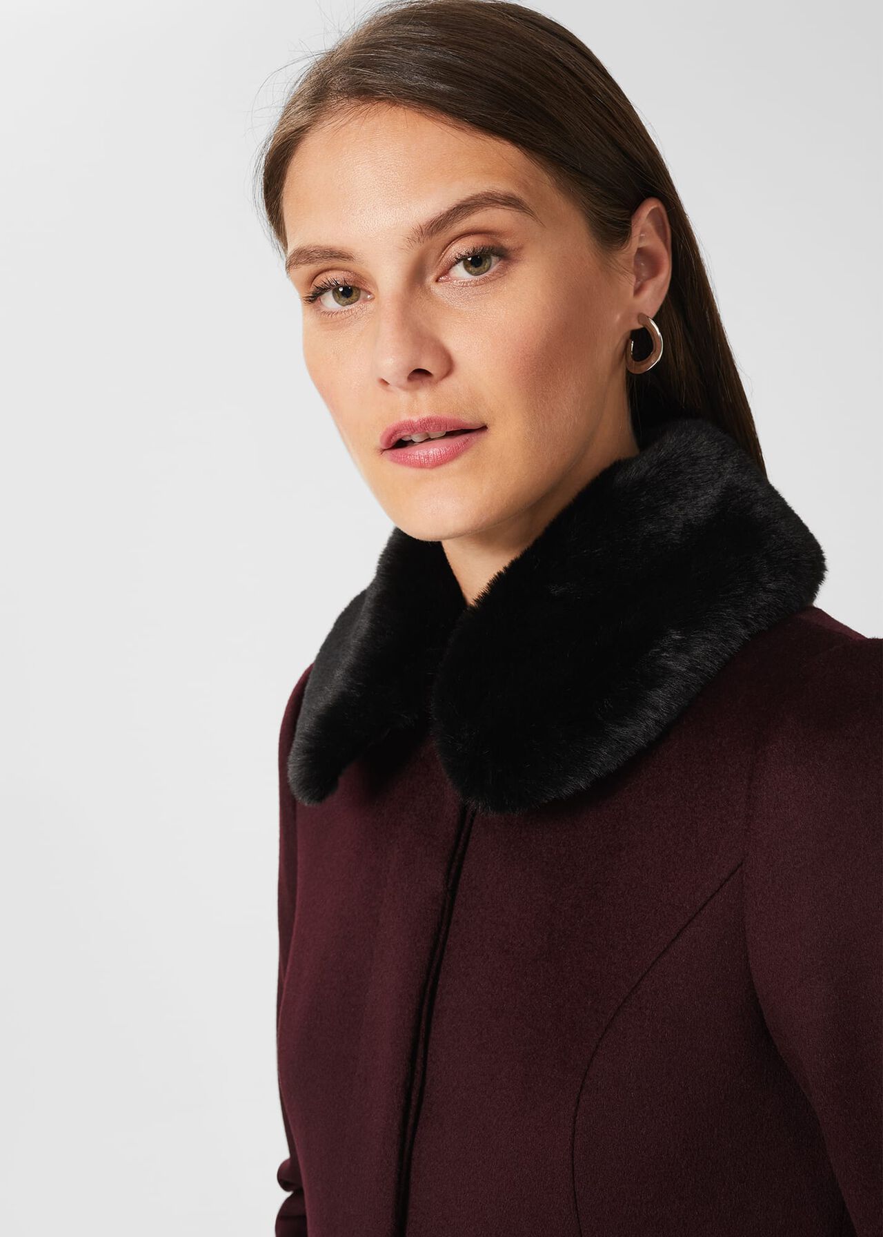 Edeline Wool Coat With Faux Fur Collar, Wine, hi-res