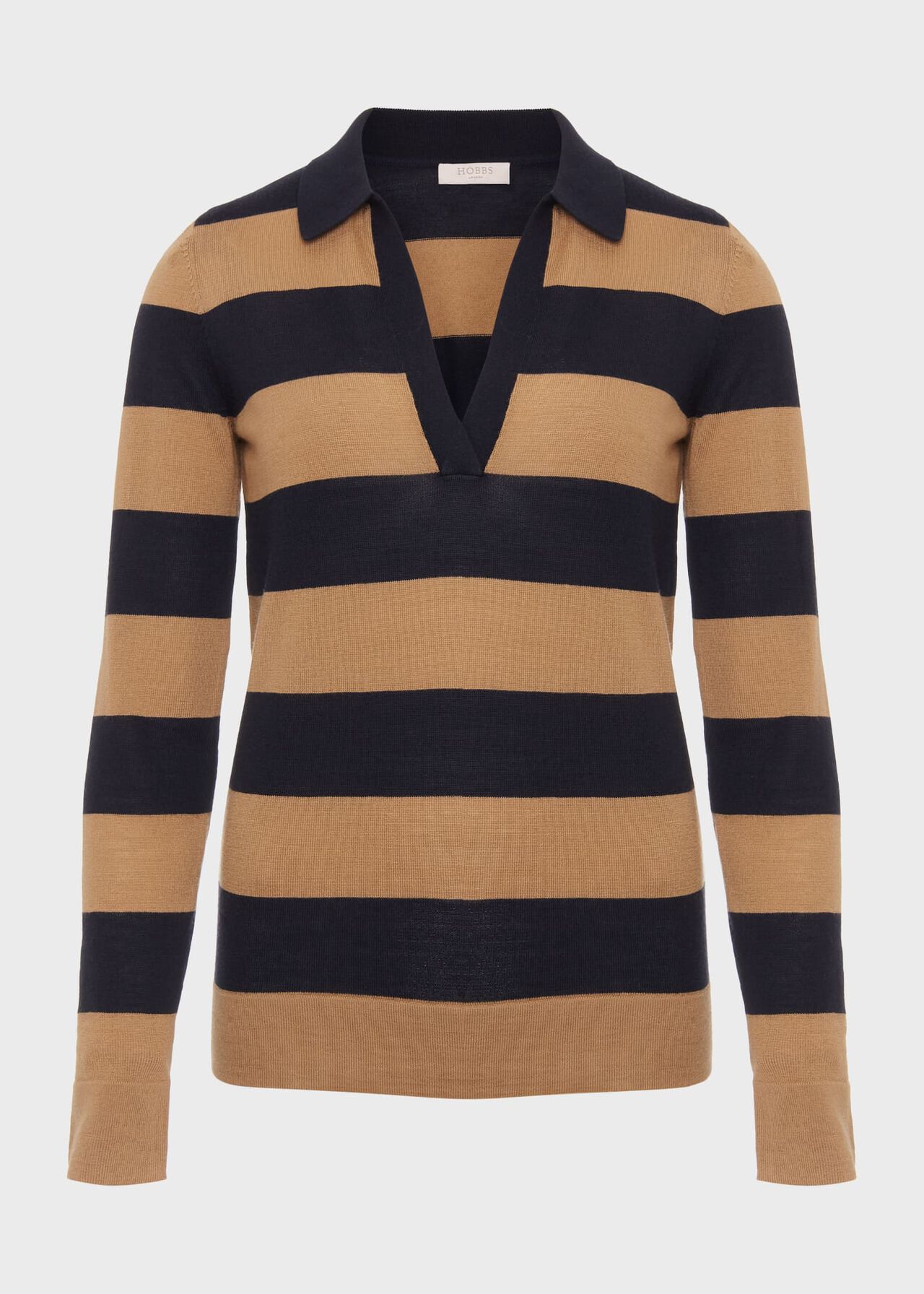 Alexis Merino Wool Stripe Polo Jumper, Navy Camel, hi-res