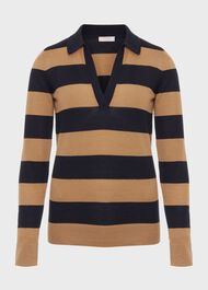Alexis Merino Wool Stripe Polo Jumper, Navy Camel, hi-res