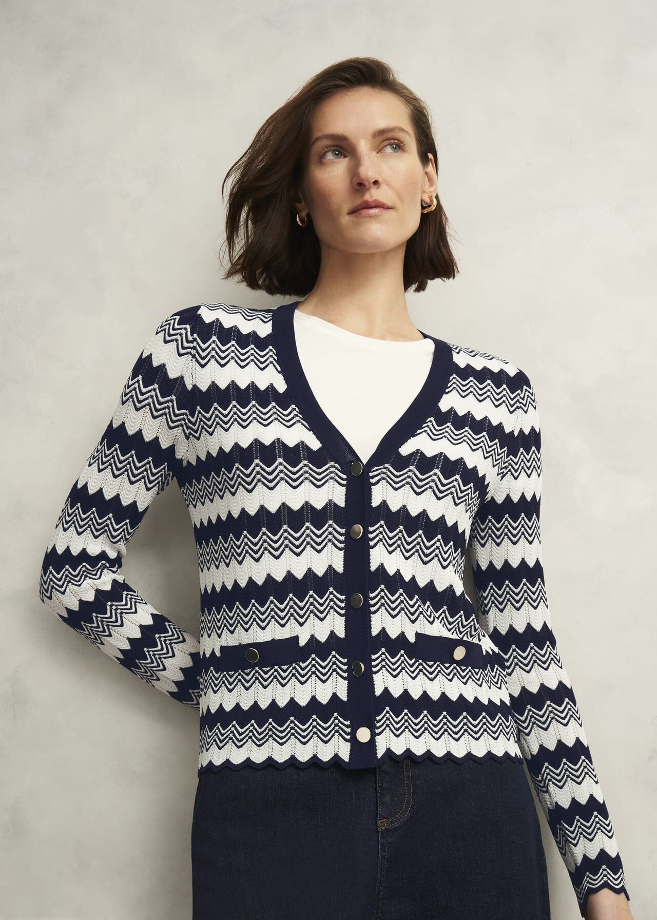Navy Osterley Chevron Stripe V Neck Knitted Cardigan, Navy Ivory, hi-res