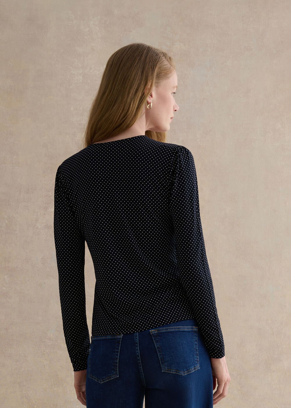 Hannah Printed Polka Dot V Neck Top, Navy Ivory, hi-res