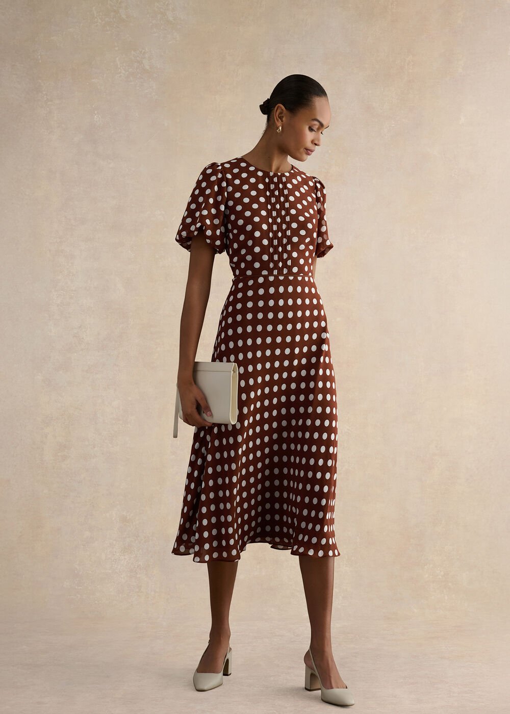 Dorothy Spot Midi Dress, Brown Ivory, hi-res