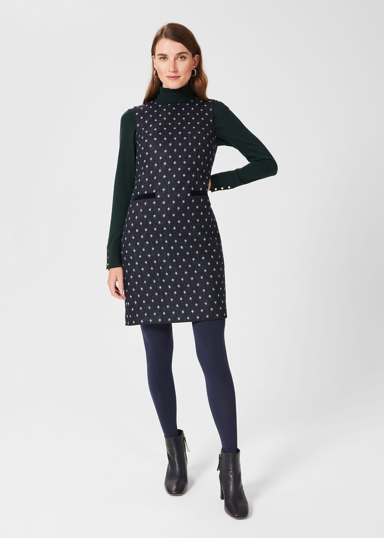 Sarah Wool Dress, Navy Green, hi-res