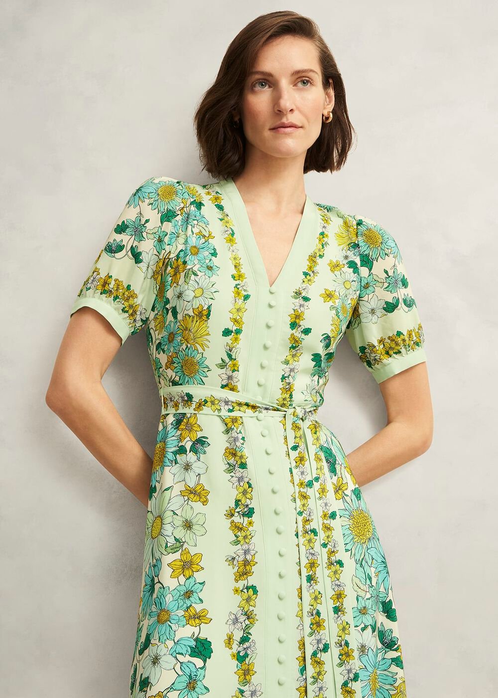 Ince Silk V Neck Floral Dress, Green Multi, hi-res