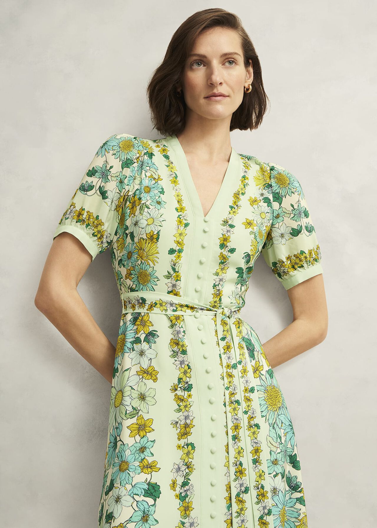 Ince Silk V Neck Floral Dress, Green Multi, hi-res