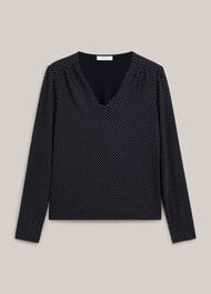 Hannah Printed Polka Dot V Neck Top, Navy Ivory, hi-res