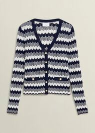 Navy Osterley Chevron Stripe V Neck Knitted Cardigan, Navy Ivory, hi-res