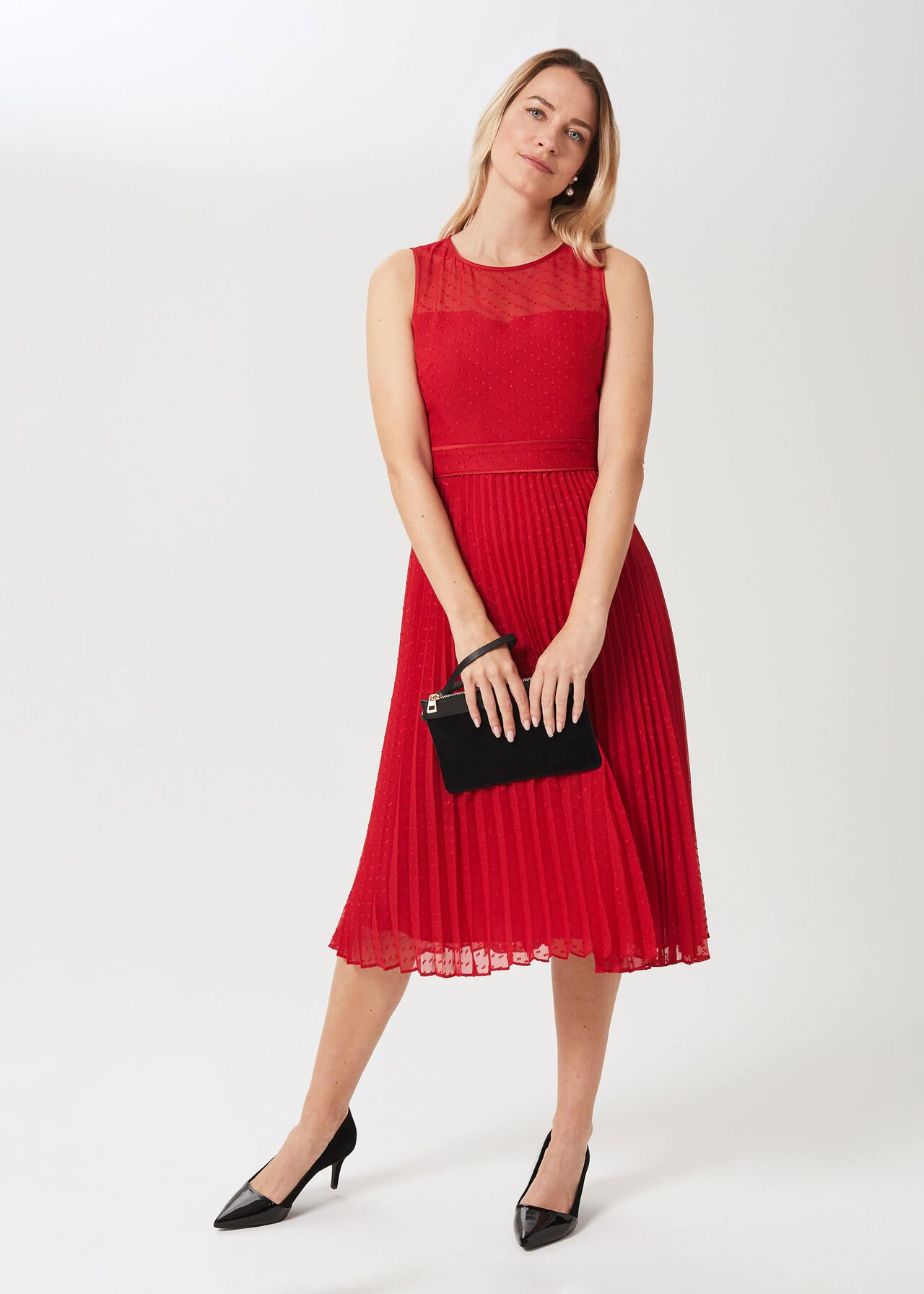 Palmer Jacquard Pleated Dress, Poppy Merlot, hi-res