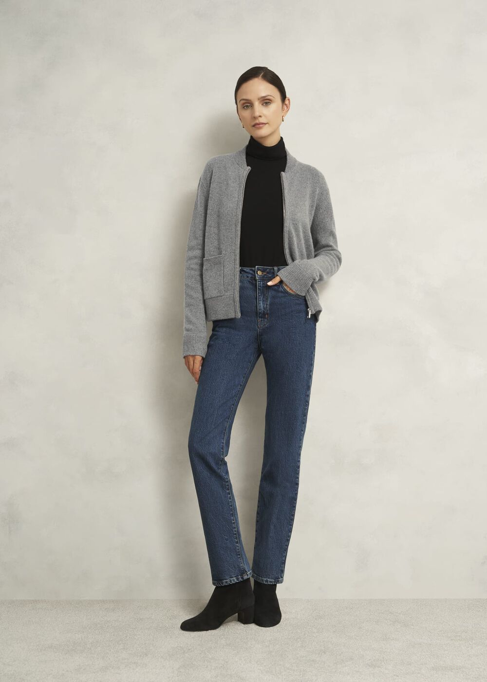 Grey Bonnie Wool Blend Knitted Bomber Jacket, Mid Grey Marl, hi-res