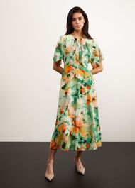 Rosemoor Silk Midi Dress, Green Orange, hi-res