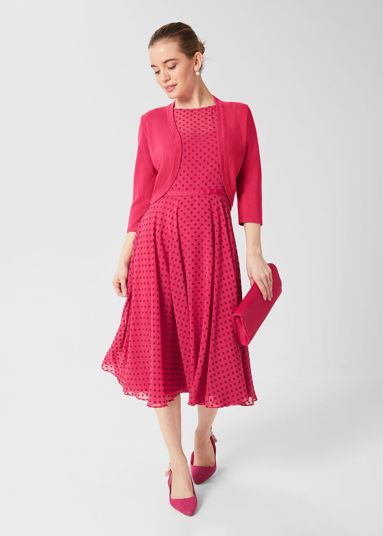 Petite Della Spot Fit And Flare Dress, Fuchsia Pink, hi-res