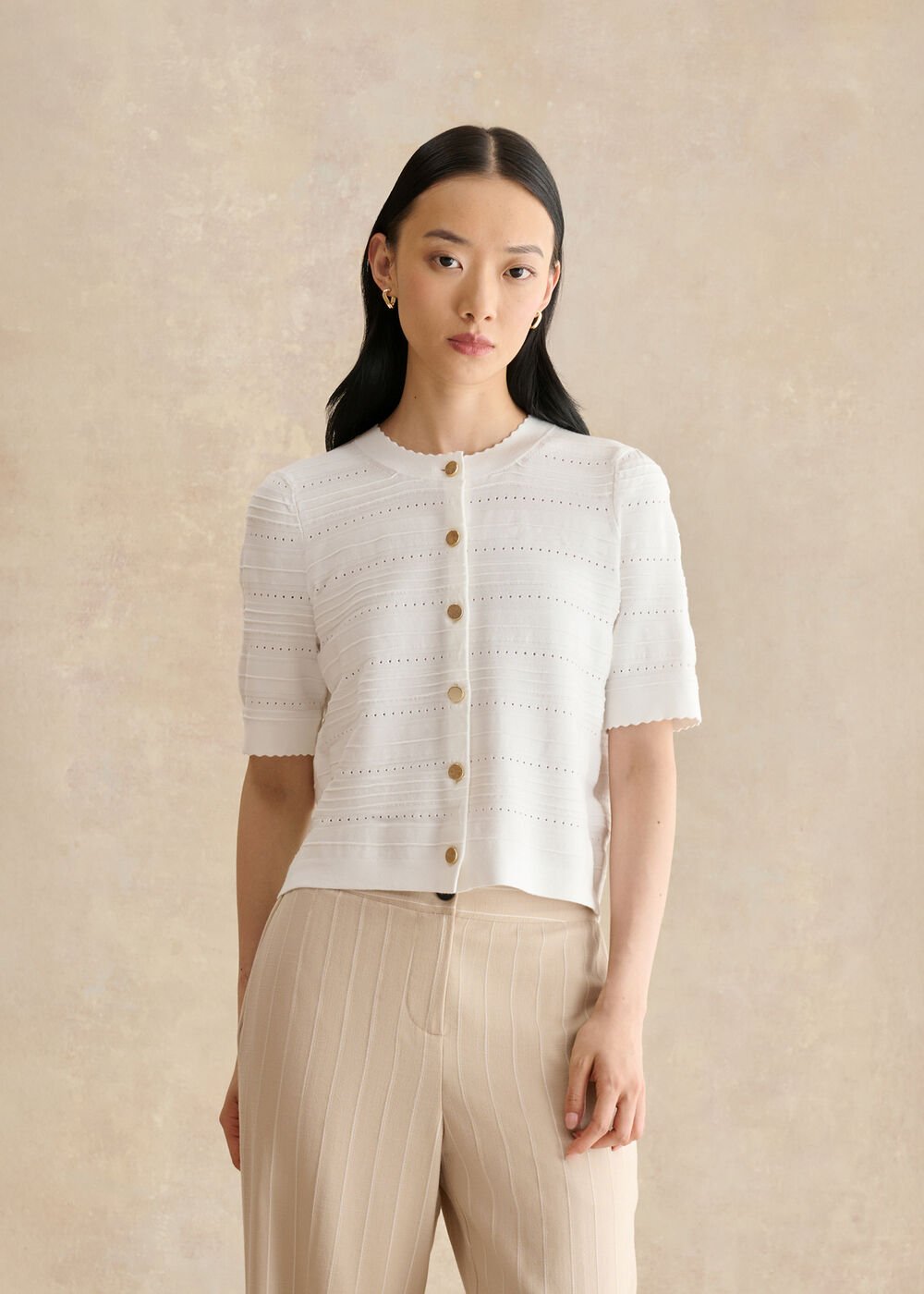 Mimi Pointelle Short Sleeve Cardigan , Ivory, hi-res