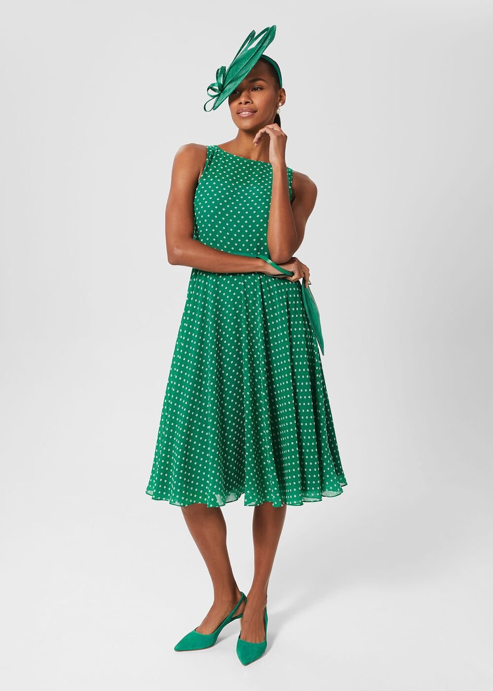 Della Spot Fit And Flare Dress, Green Ivory, hi-res
