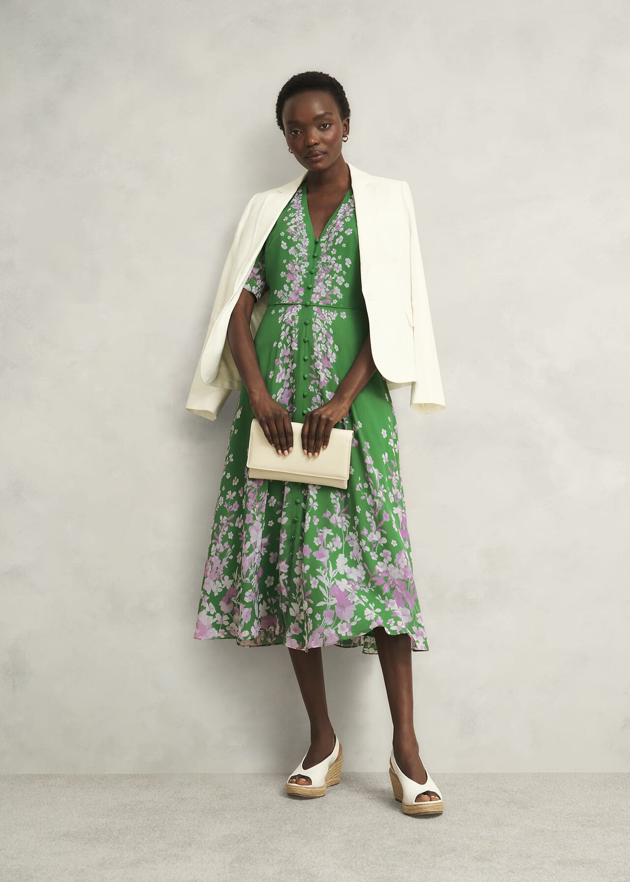 Petite Ana Silk Floral Dress, Green Pink, hi-res