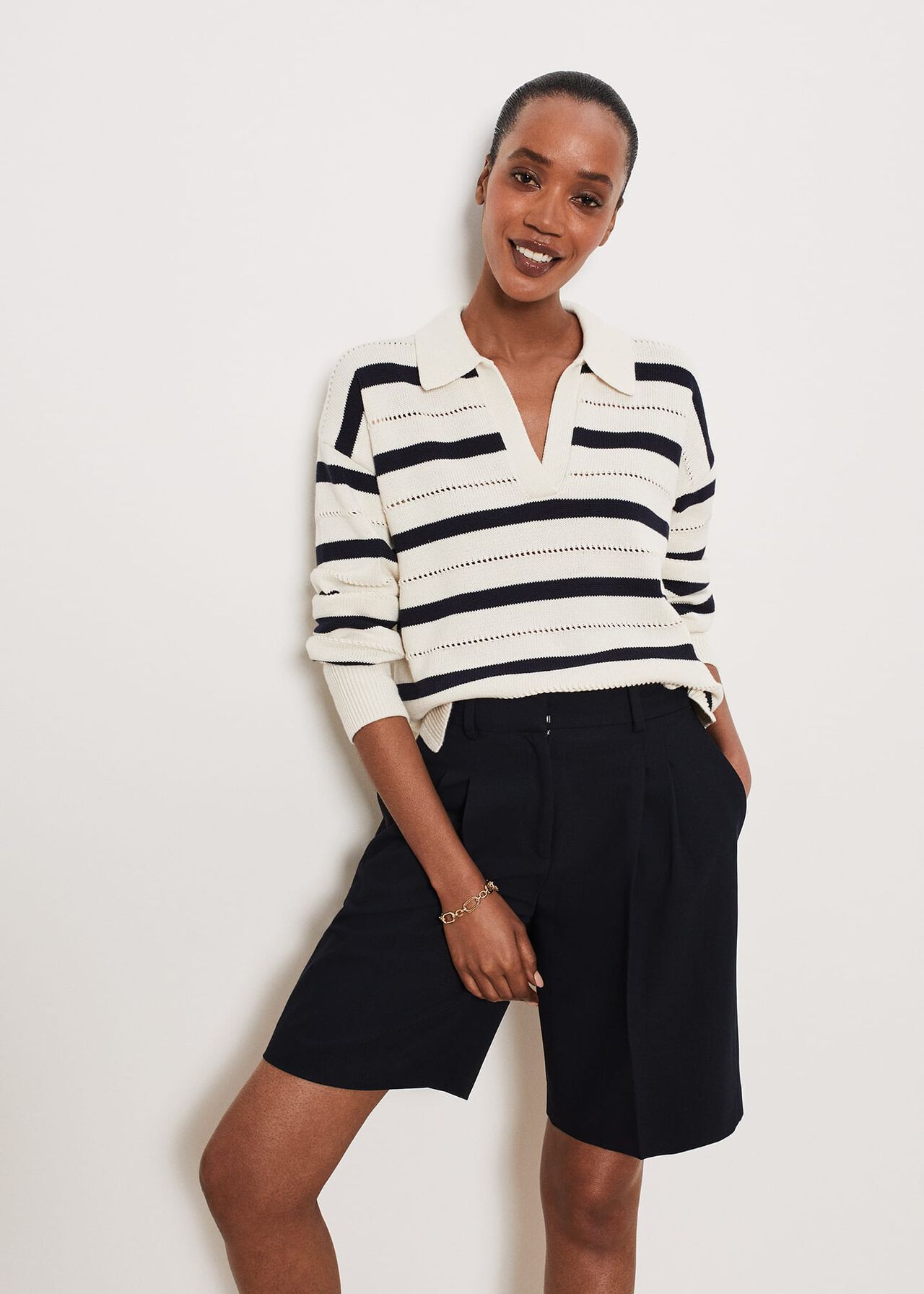 Beauford Polo Jumper, Cream Navy, hi-res
