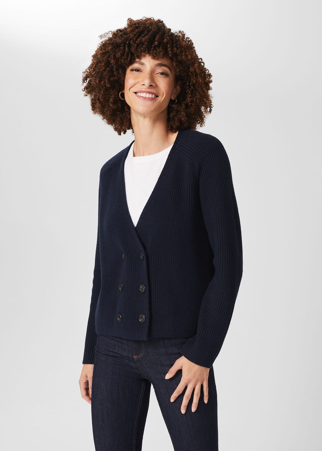 Saffie Cotton Wool Cardigan, Navy, hi-res