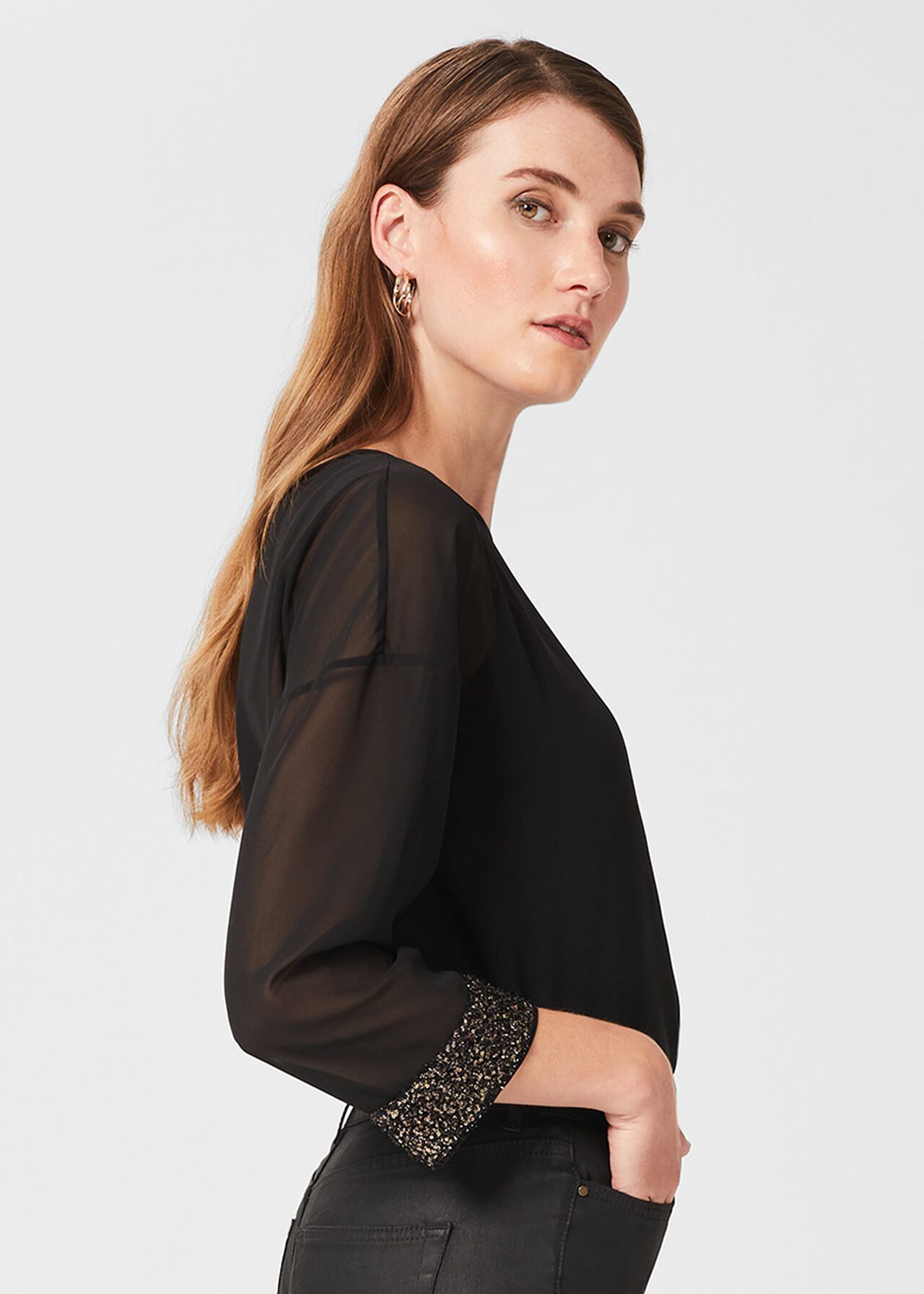 Alexandra Sequin Detail Top, Black, hi-res