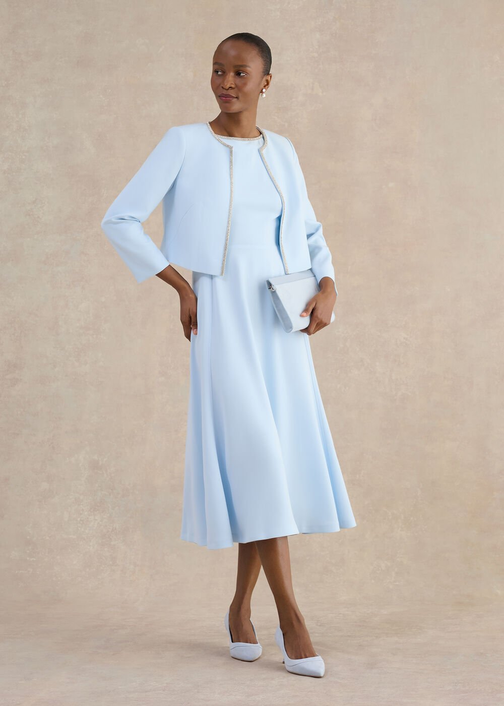 Petite Beatrix Embellished Trimmed Dress, Pale Blue, hi-res