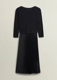 Lucinda Satin Pleated Knitted Dress, Black, hi-res