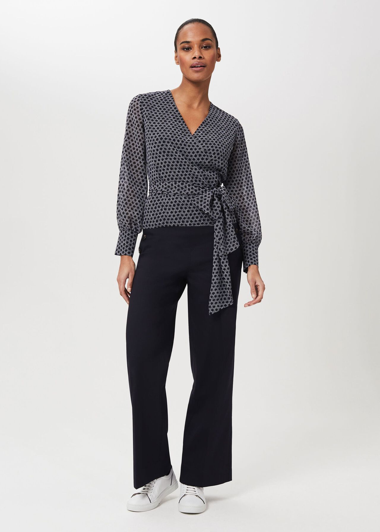 Elizabeth Printed Wrap Blouse, Navy Ivory, hi-res