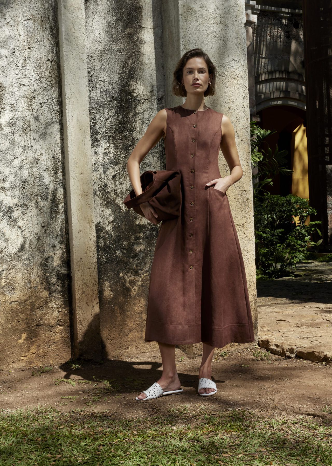 Carmen Linen Dress, Chestnut Brown, hi-res