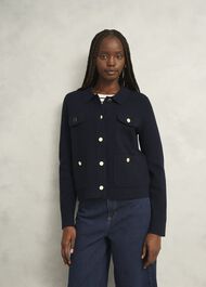 Navy Christa Cotton Pocket Detail Collared Knitted Jacket, Hobbs Navy, hi-res