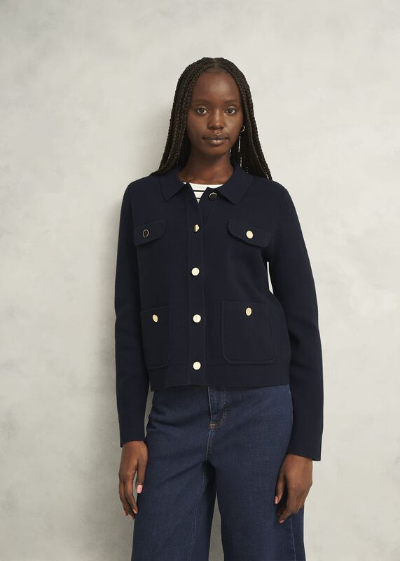 Navy Christa Cotton Pocket Detail Collared Knitted Jacket
