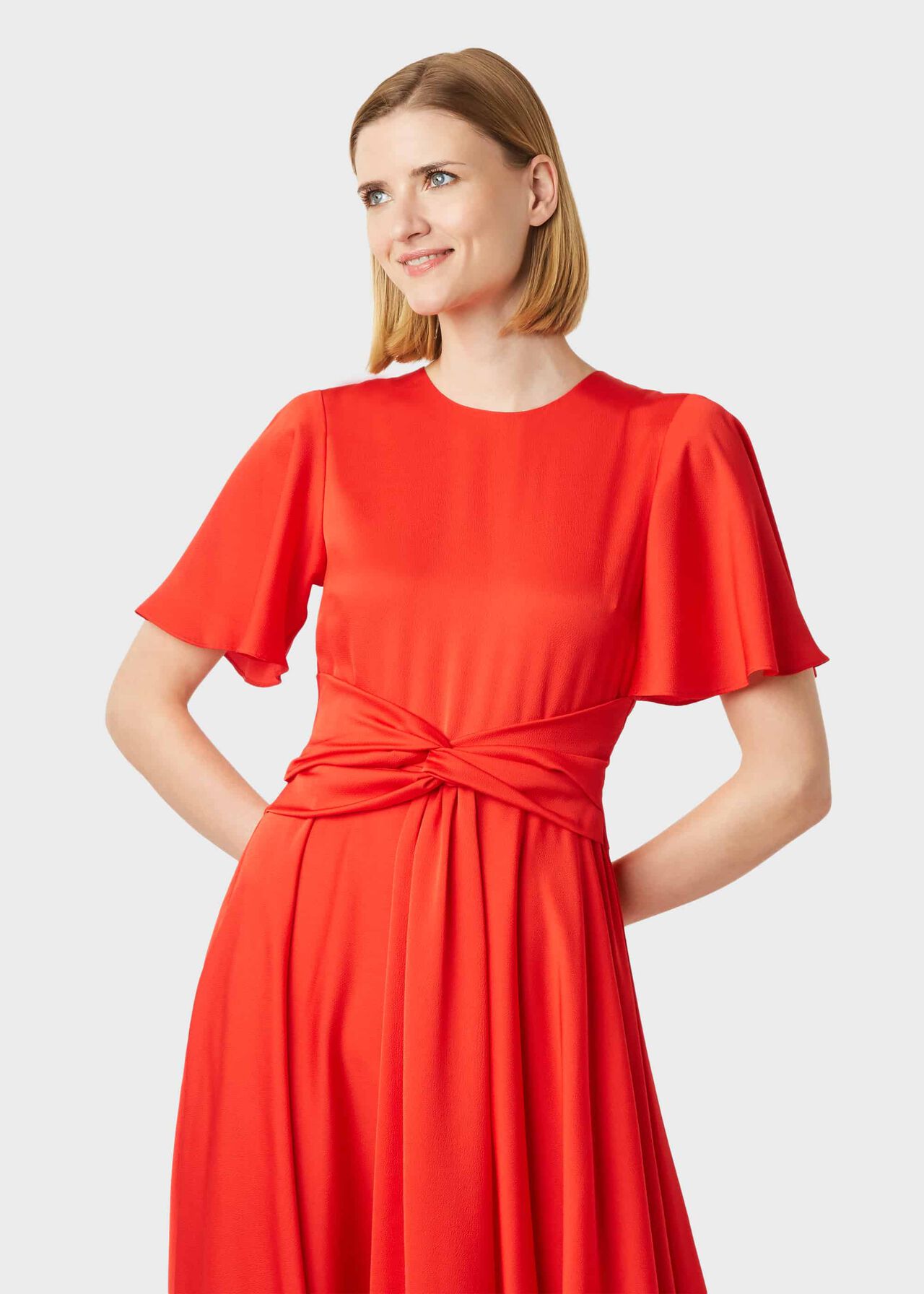 Leia Satin Fit And Flare Dress, Flame Red, hi-res