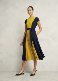 Emery Tie Belted Dress, Navy Yellow, hi-res