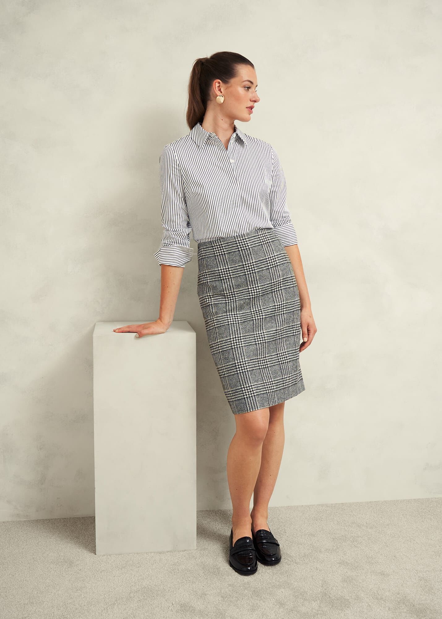 【BAON】Beno banding check wool long skirt Brown Midi Wool Skirt, Houndstooth Wool Skirt, High Waisted