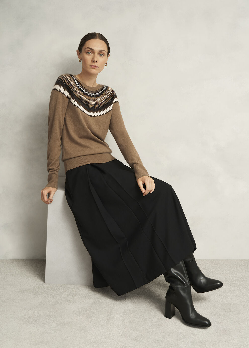 Camel Greta Wool Blend Fairisle Crew Neck Knitted Jumper, Camel Marl, hi-res
