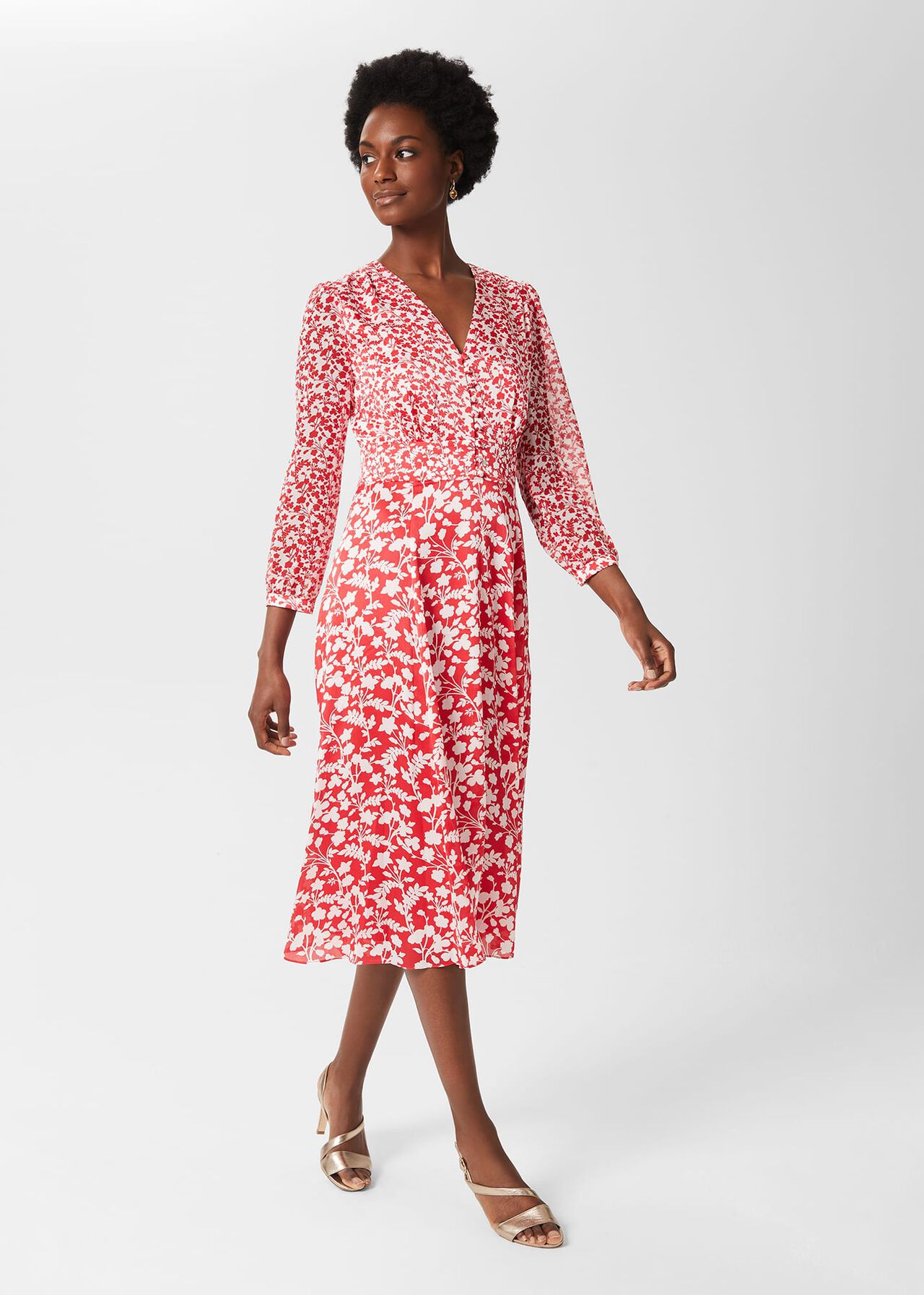 Rosie Floral V Neck Dress, Rasp Red Ivory, hi-res