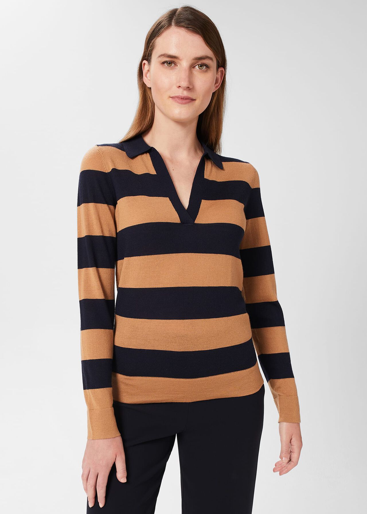 Alexis Merino Wool Stripe Polo Jumper, Navy Camel, hi-res