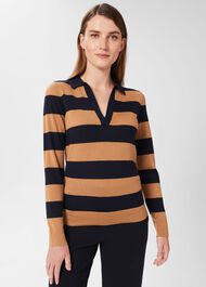 Alexis Merino Wool Stripe Polo Jumper, Navy Camel, hi-res