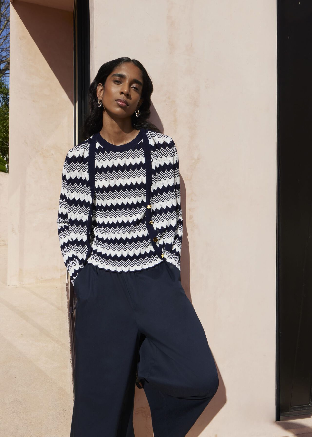 Navy Osterley Chevron Stripe V Neck Knitted Cardigan, Navy Ivory, hi-res