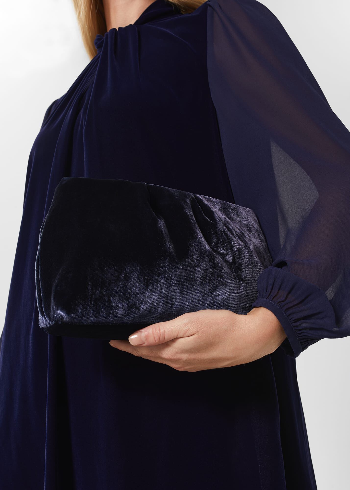 Hobbs navy clutch bag top