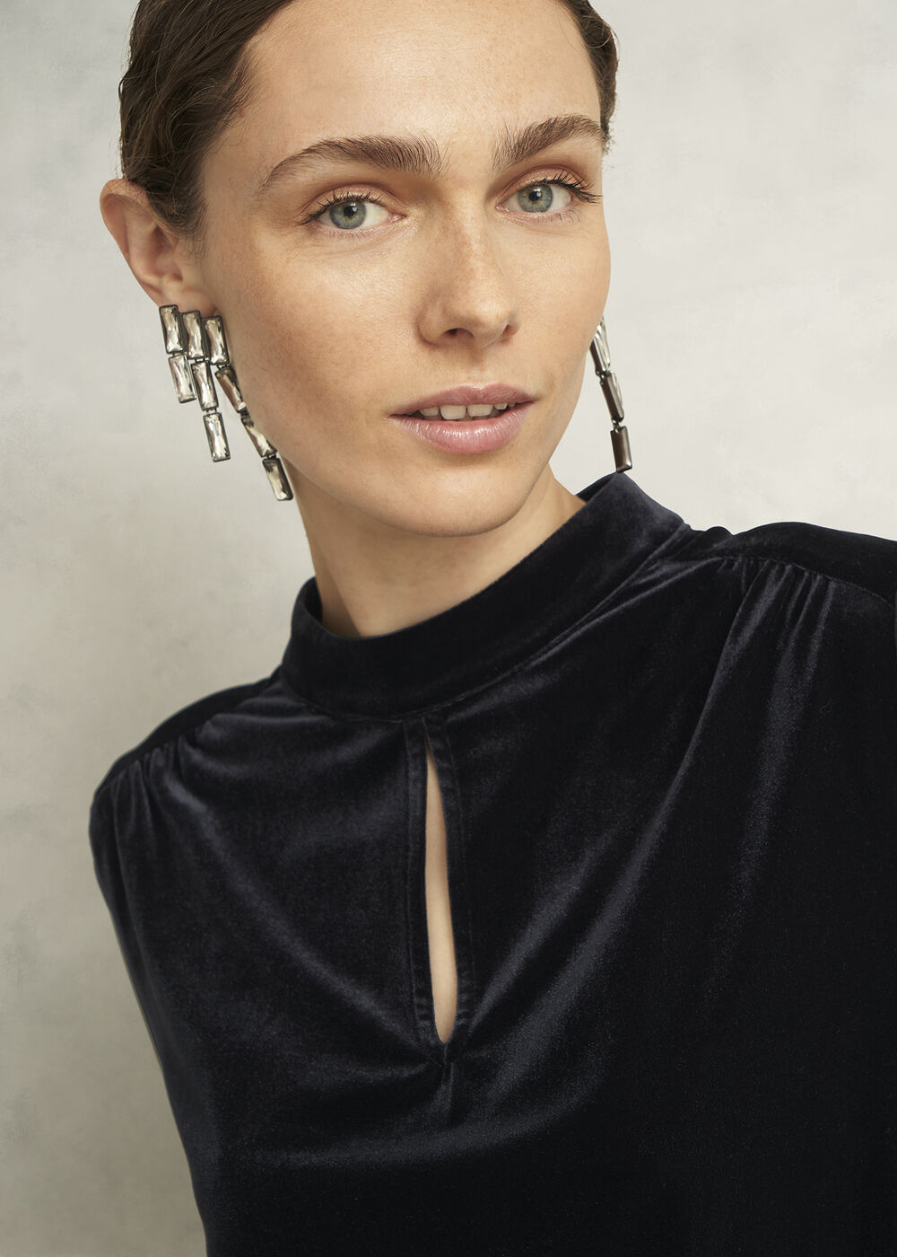 Lorelai Velvet High Neck Sheer Sleeve Top, Black, hi-res