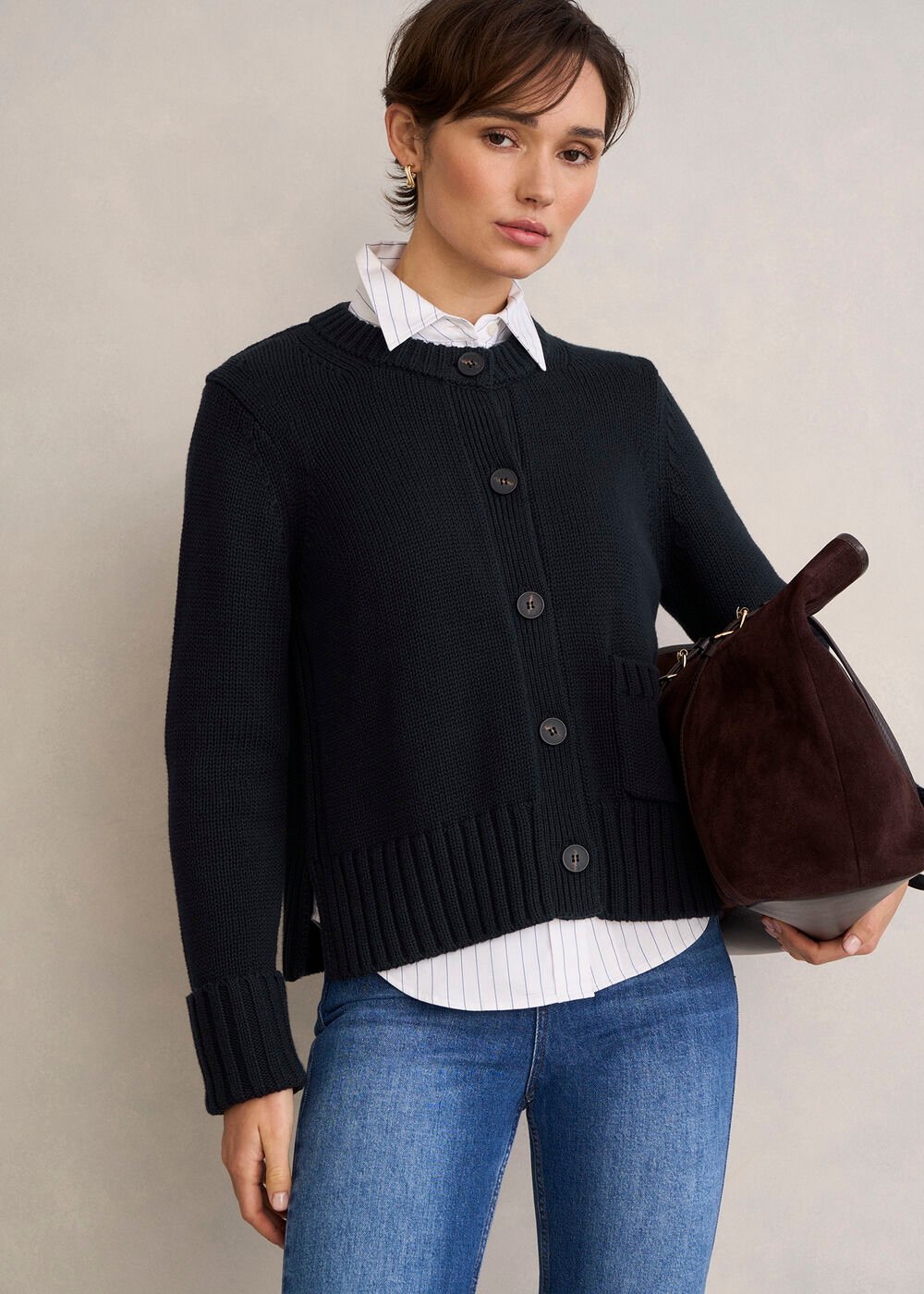 Coco Cotton Cardigan, Navy, hi-res