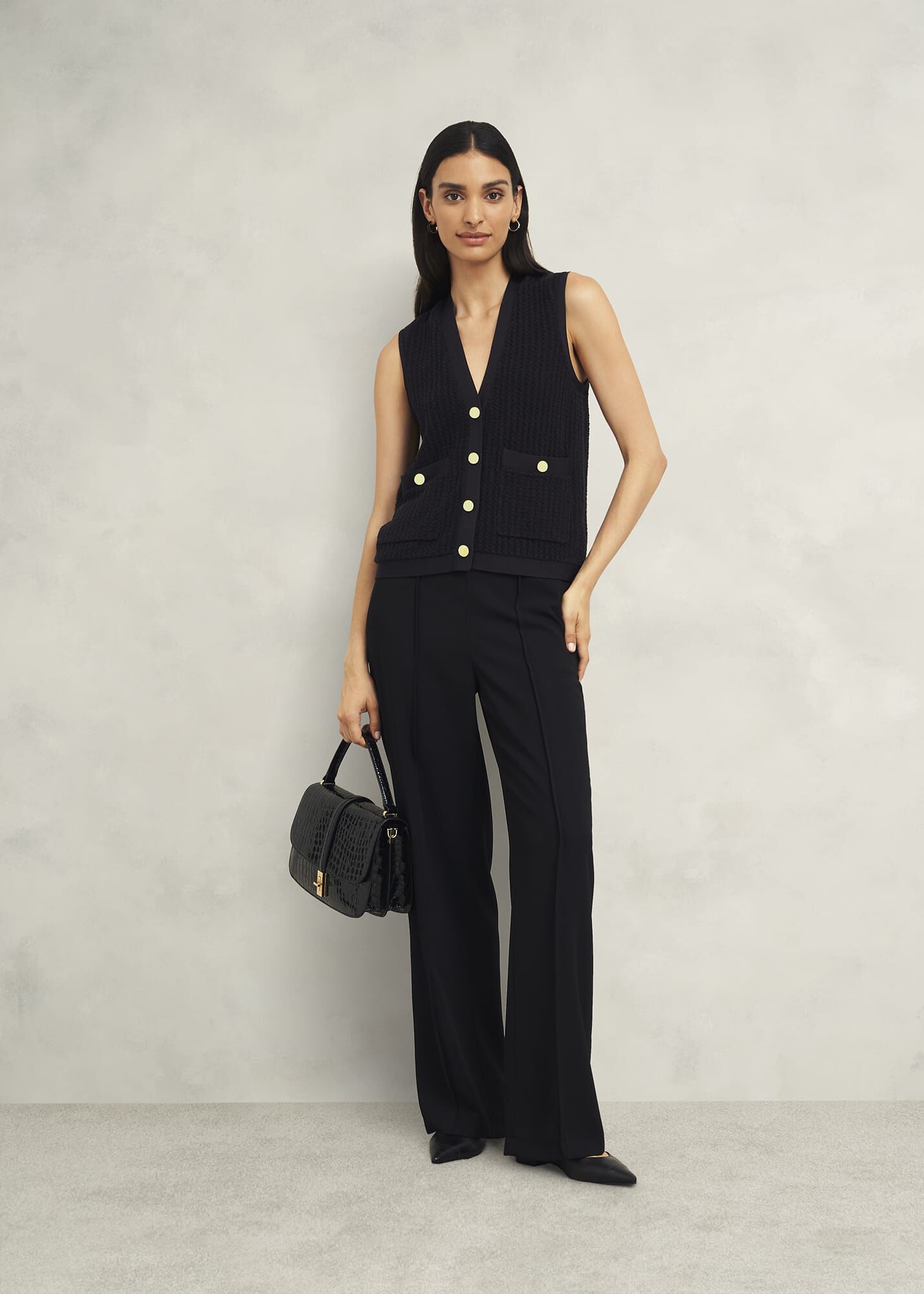 el conductorH×blackmeansFRINGE KNIT VEST Sheer Black Vest – ST33LE