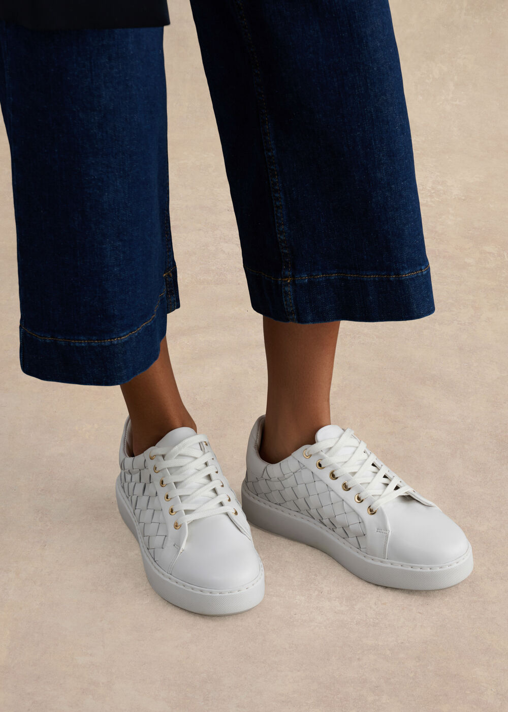 Ada Woven Leather Trainers, White, hi-res