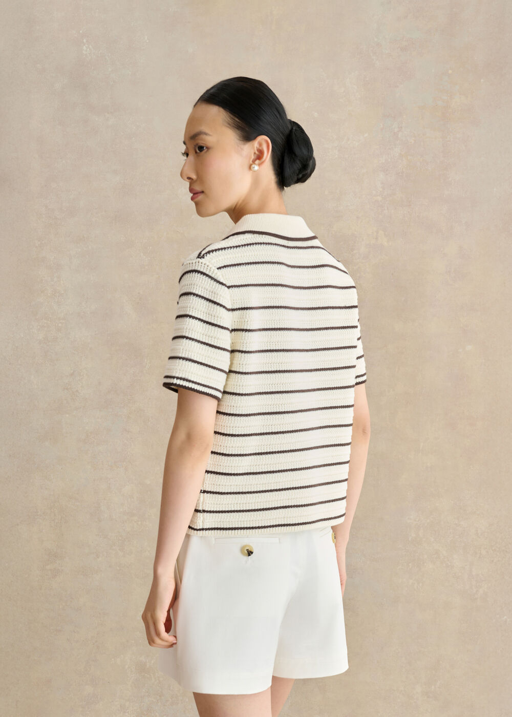 Alderton Cotton Short Sleeve Striped Crochet Shirt, Ivory Brown, hi-res