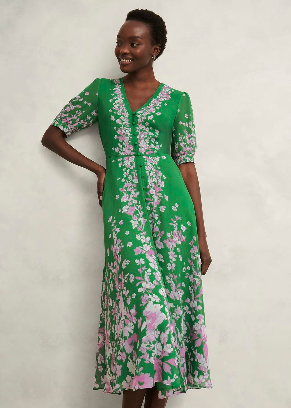 Petite Ana Silk Floral Dress, Green Pink, hi-res