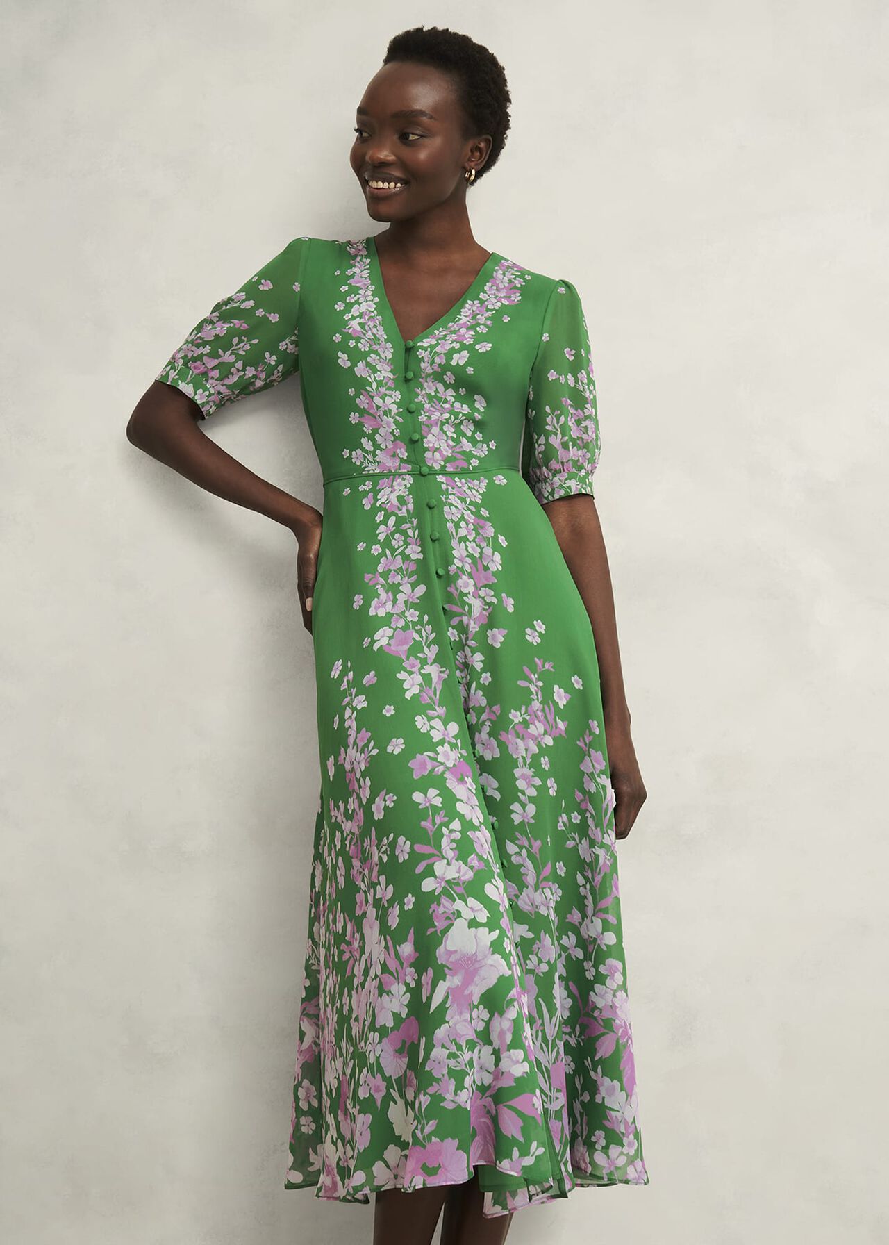 Petite Ana Silk Floral Dress, Green Pink, hi-res