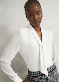 Ivory Tarini Tie Neck Long Sleeve Top, Ivory, hi-res