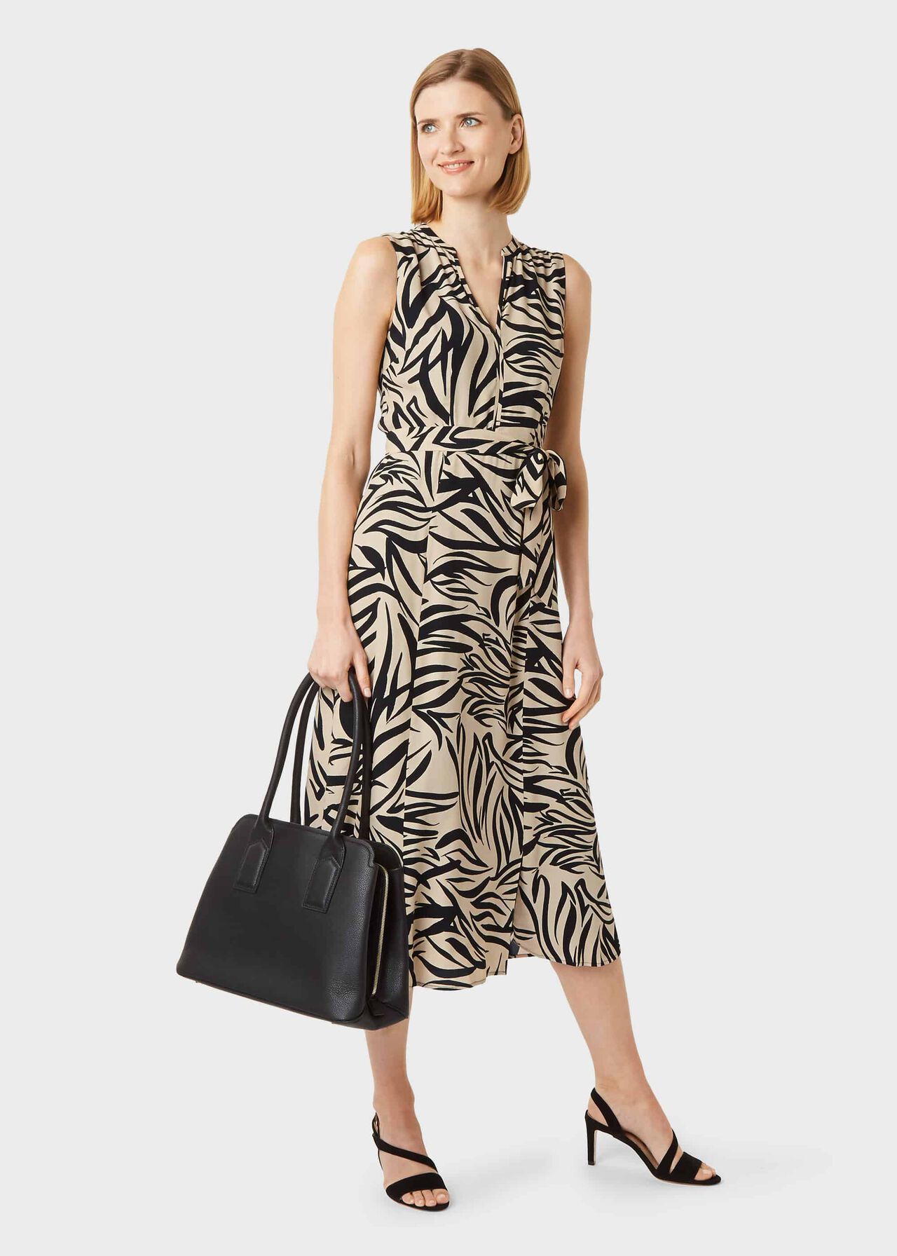 Shelly Printed Belted Dress, Stone Black, hi-res