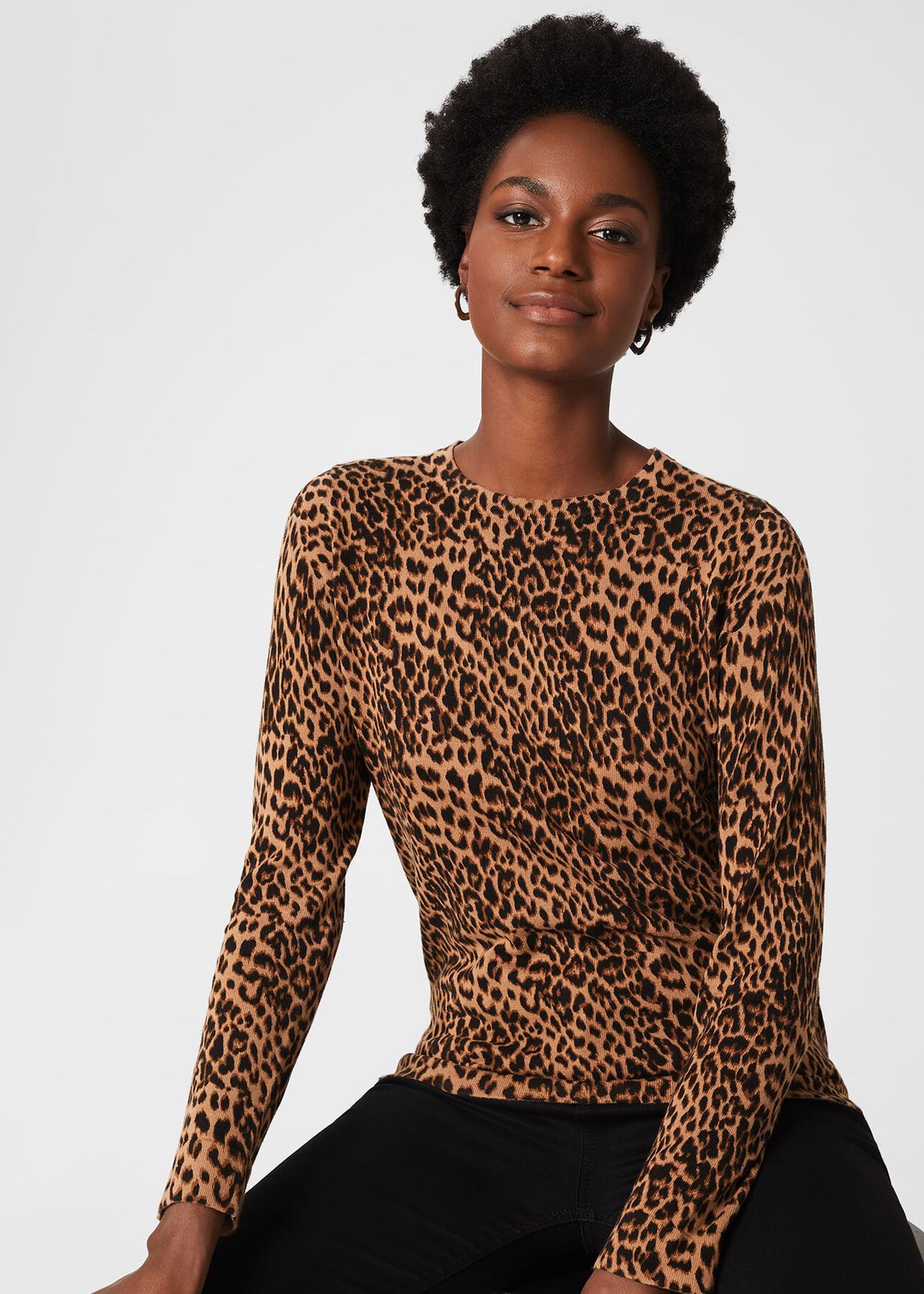 Pamela Cotton Animal Print Jumper, Camel Black, hi-res