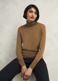 Clarendon Wool Silk Roll Neck Sweater, Classic Vicuna, hi-res