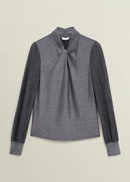 Silver Metallic Ashley Pleat Sleeve Twist Neck Top, Silver, hi-res