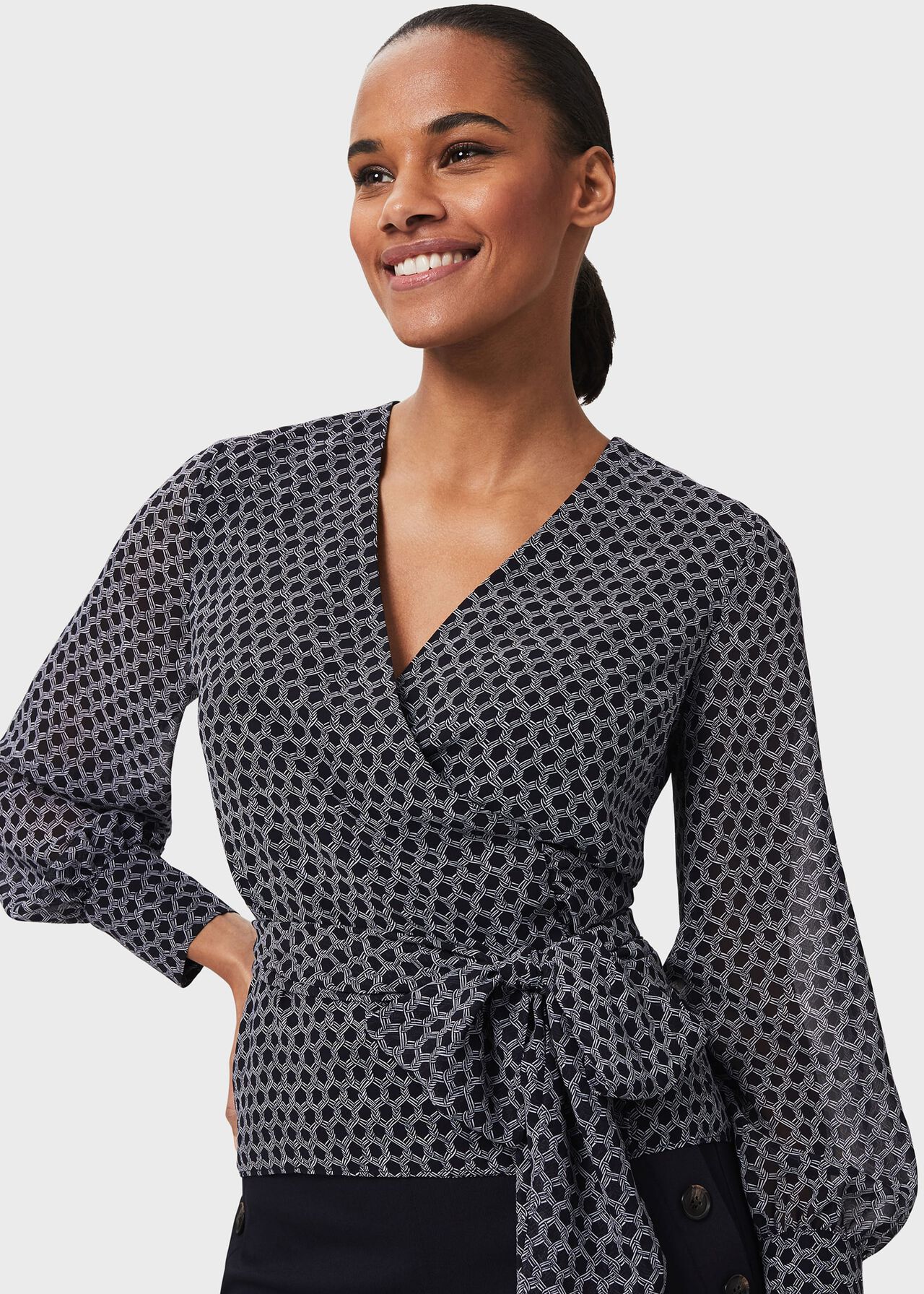 Elizabeth Printed Wrap Blouse, Navy Ivory, hi-res