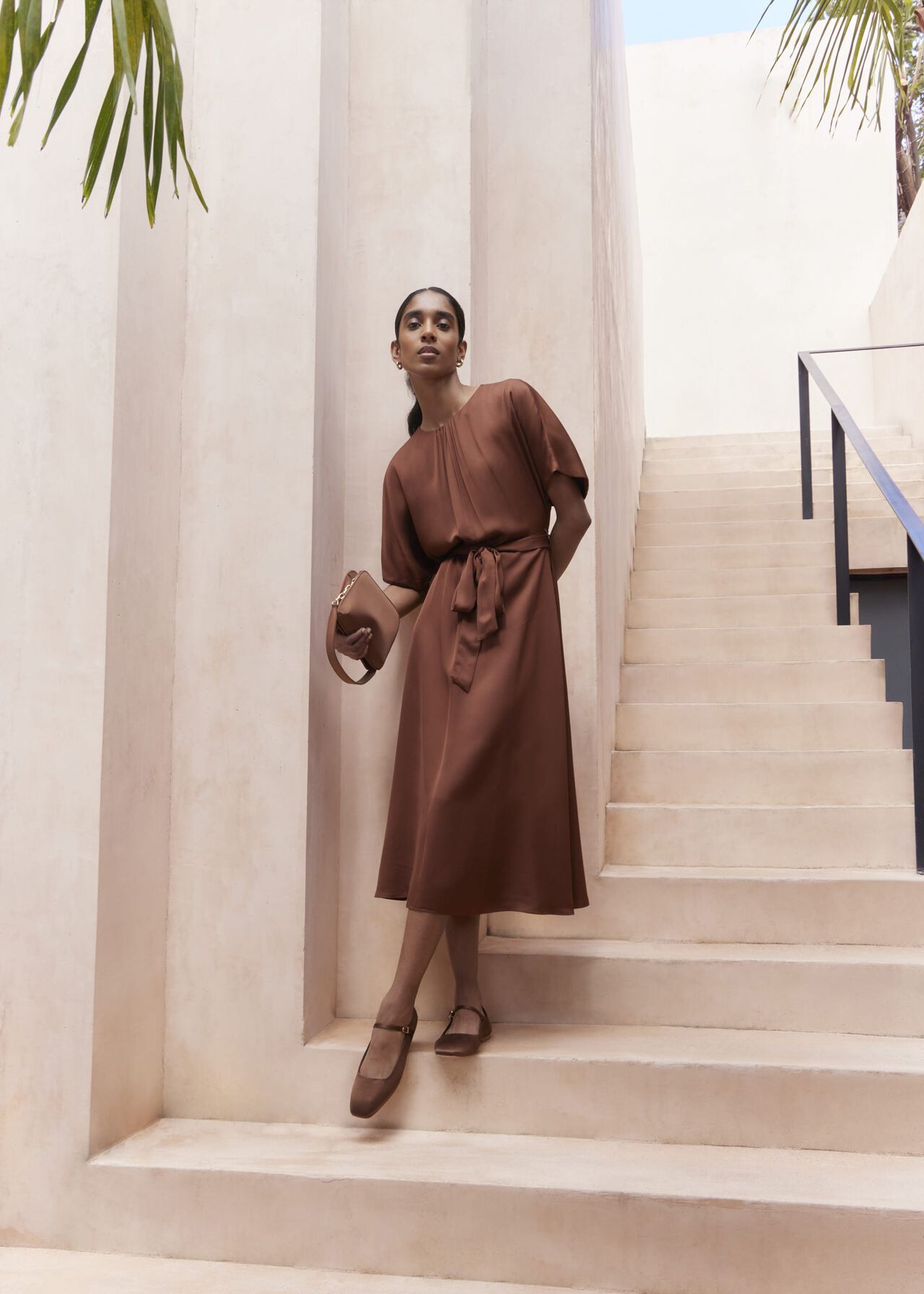Darracott Tie Waist Midi Dress, Medlar Brown, hi-res